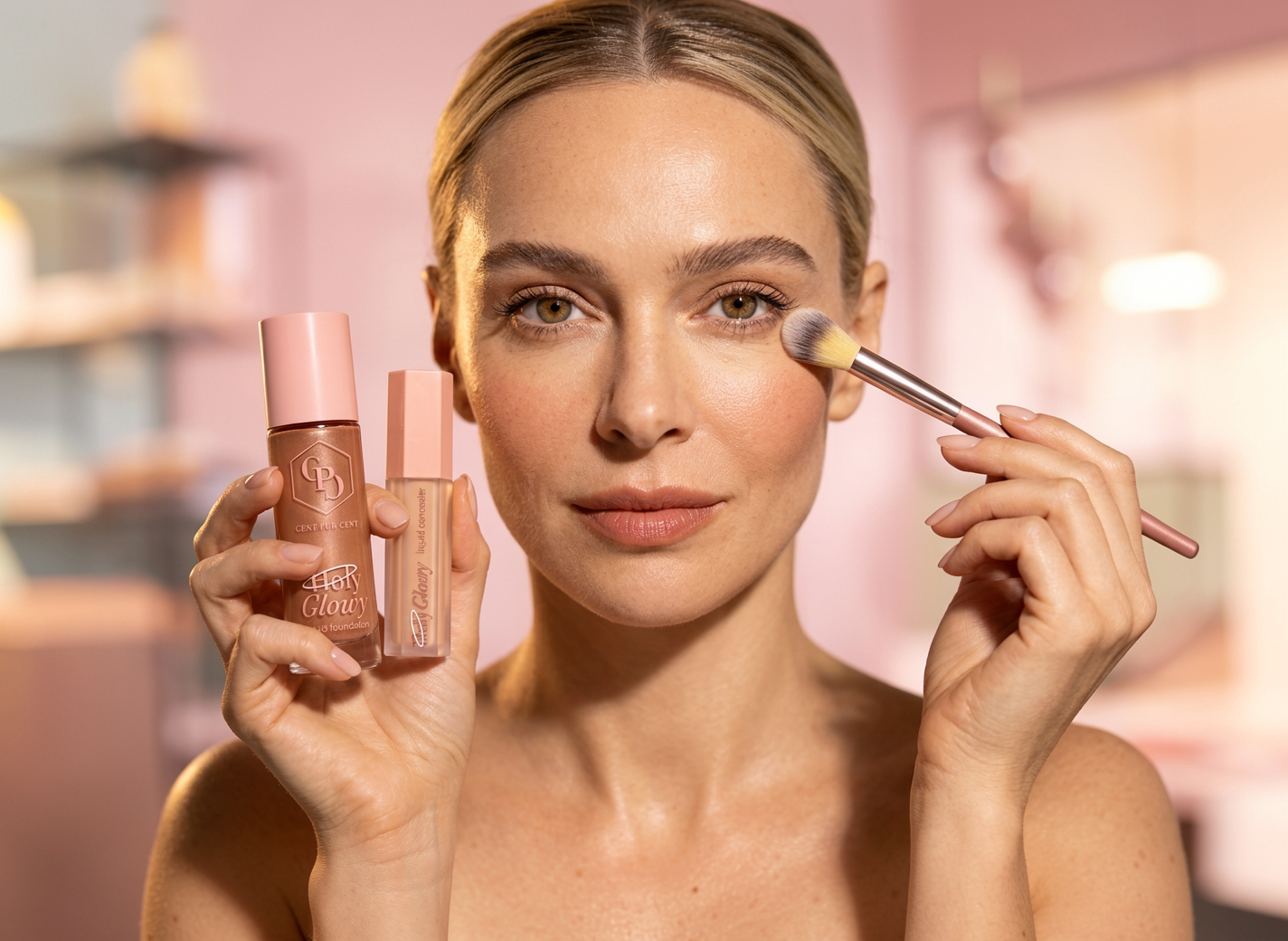 Bundel Holy Glowy foundation & Liquid Concealer - Large Blender Brush