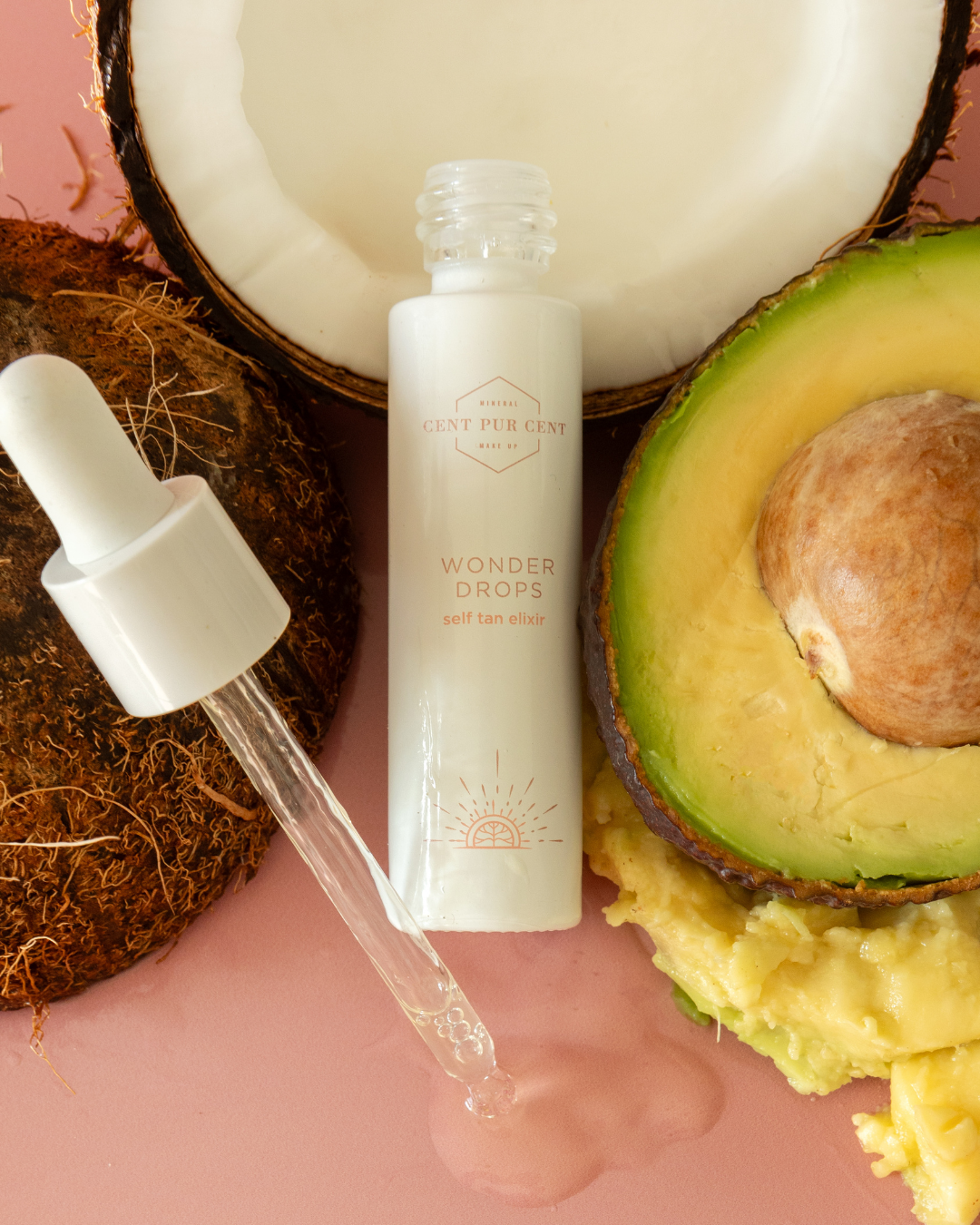 Cent Pur Cent Wonder Drops self tan elixir met kokosnoot en avocado ingrediënten, natuurlijke zelfbruiner met dropper

