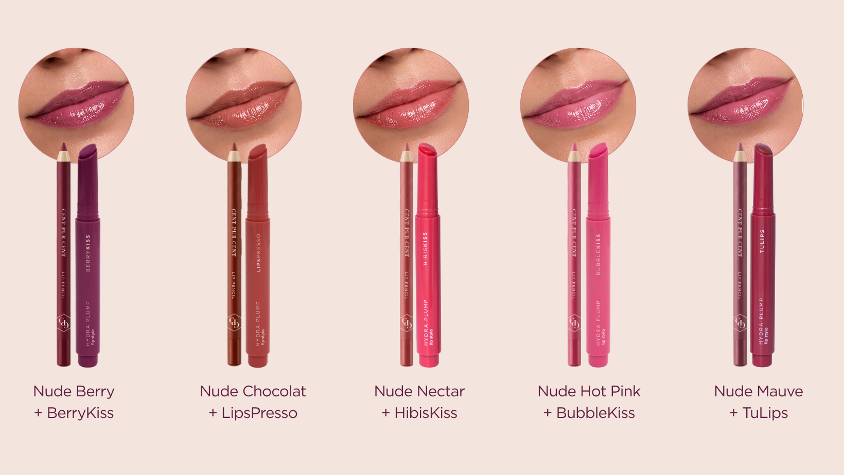 Vijf lip combo's van Cent Pur Cent: Waterproof Lip Pencil gecombineerd met de Hydra Plump Lip Stylo in de tinten BerryKiss, LipsPresso, HibisKiss, BubbleKiss en TuLips
